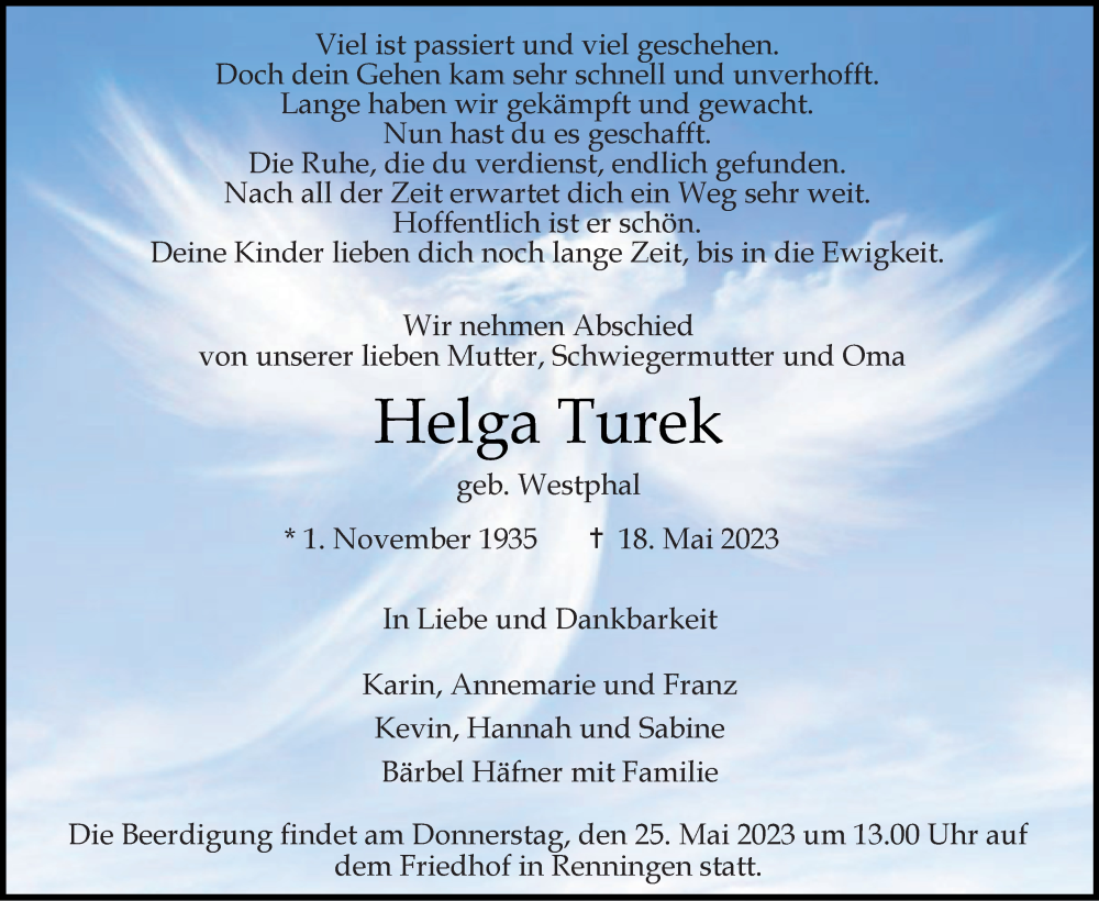  Traueranzeige für Helga Turek vom 24.05.2023 aus Leonberger Kreiszeitung / Strohgäu Extra