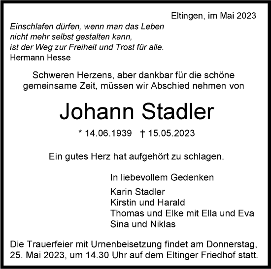 Traueranzeige von Johann Stadler von Leonberger Kreiszeitung / Strohgäu Extra