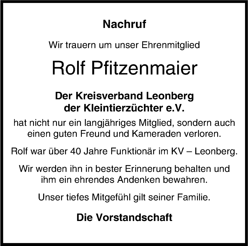  Traueranzeige für Rolf Pfitzenmaier vom 06.05.2023 aus Leonberger Kreiszeitung / Strohgäu Extra