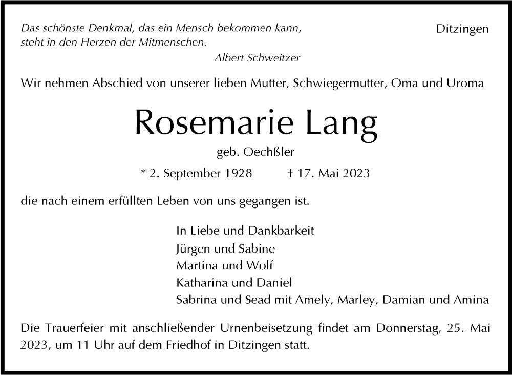  Traueranzeige für Rosemarie Lang vom 23.05.2023 aus Leonberger Kreiszeitung / Strohgäu Extra