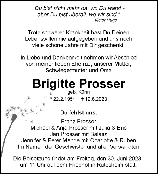 Traueranzeige von Brigitte Prosser von Leonberger Kreiszeitung / Strohgäu Extra