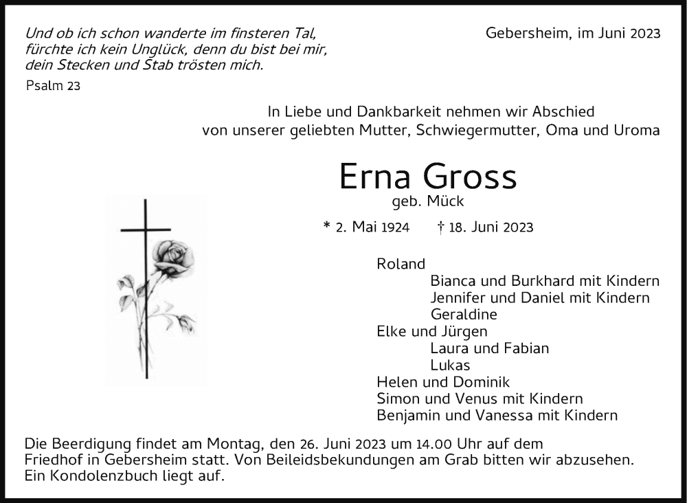  Traueranzeige für Erna Gross vom 22.06.2023 aus Leonberger Kreiszeitung / Strohgäu Extra