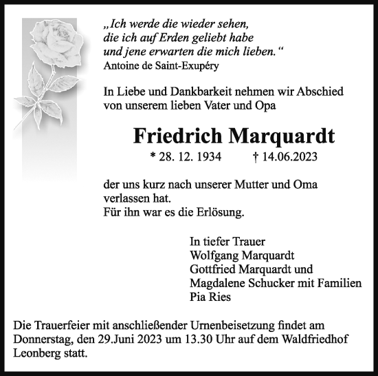 Traueranzeige von Friedrich Marquardt von Leonberger Kreiszeitung / Strohgäu Extra