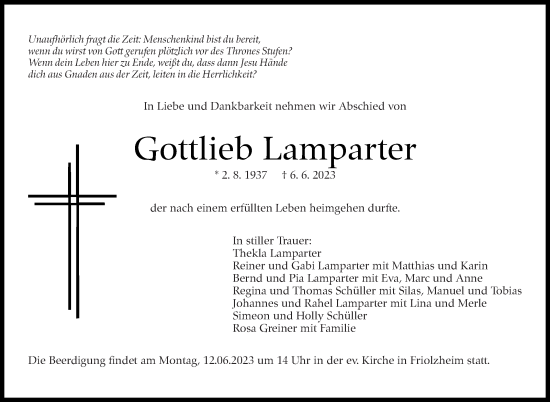 Traueranzeige von Gottlieb Lamparter von Leonberger Kreiszeitung / Strohgäu Extra