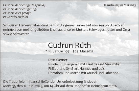 Traueranzeige von Gudrun Rüth von Leonberger Kreiszeitung / Strohgäu Extra