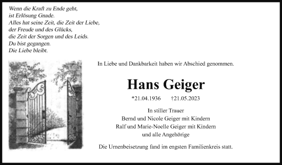 Traueranzeige von Hans Geiger von Leonberger Kreiszeitung / Strohgäu Extra
