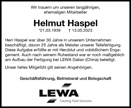 Traueranzeige von Helmut Haspel von Leonberger Kreiszeitung / Strohgäu Extra