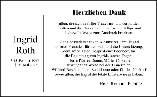 Traueranzeige von Ingrid Roth von Leonberger Kreiszeitung / Strohgäu Extra
