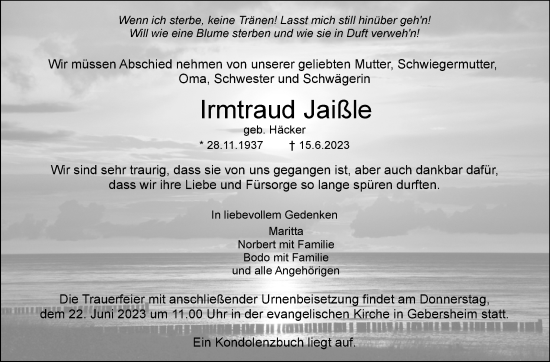 Traueranzeige von Irmtraud Jaißle von Leonberger Kreiszeitung / Strohgäu Extra