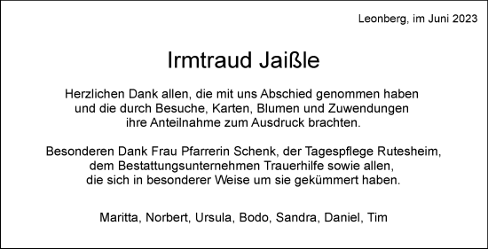 Traueranzeige von Irmtraud Jaißle von Leonberger Kreiszeitung / Strohgäu Extra