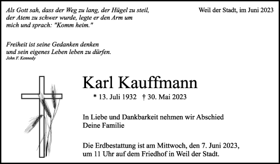 Traueranzeige von Karl Kauffmann von Leonberger Kreiszeitung / Strohgäu Extra