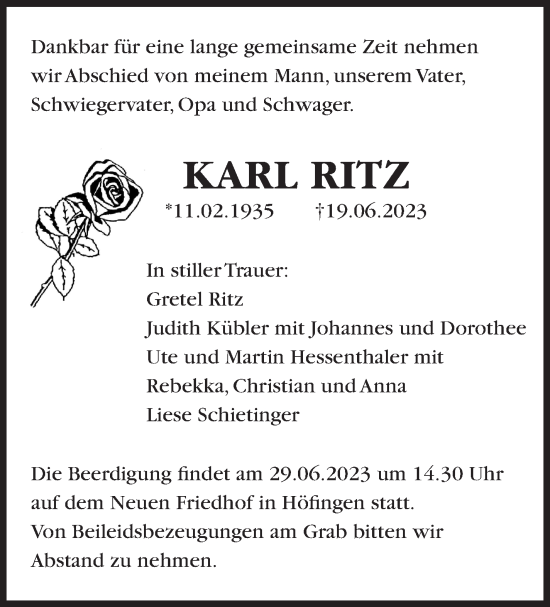 Traueranzeige von Karl Ritz von Leonberger Kreiszeitung / Strohgäu Extra