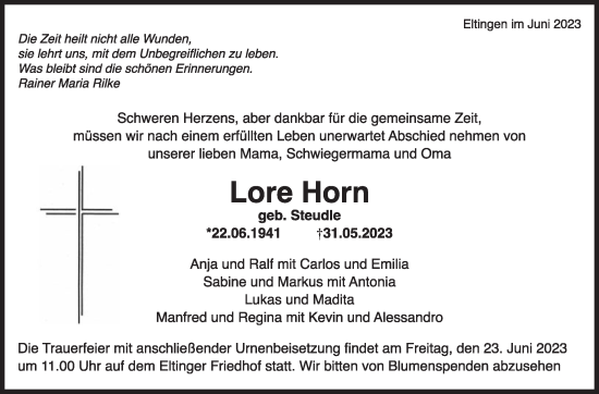 Traueranzeige von Lore Horn von Leonberger Kreiszeitung / Strohgäu Extra