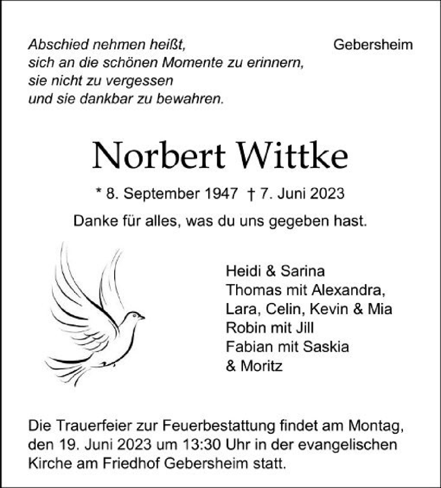  Traueranzeige für Norbert Wittke vom 15.06.2023 aus Leonberger Kreiszeitung / Strohgäu Extra