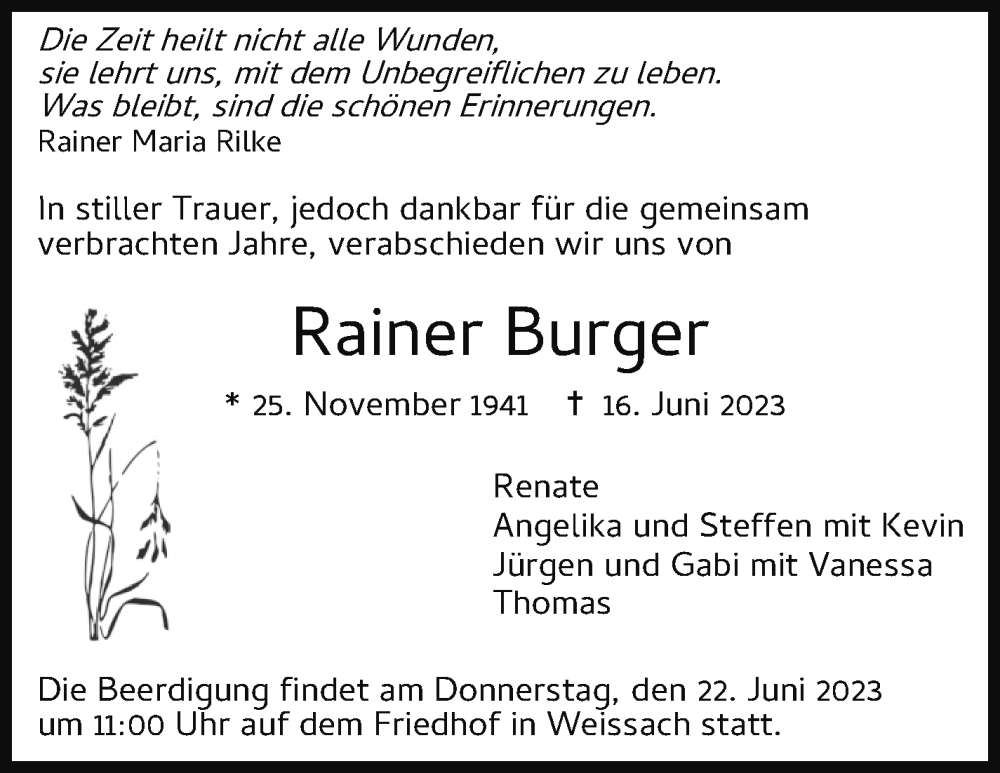  Traueranzeige für Rainer Burger vom 21.06.2023 aus Leonberger Kreiszeitung / Strohgäu Extra