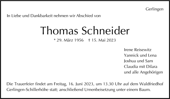 Traueranzeige von Thomas Schneider von Leonberger Kreiszeitung / Strohgäu Extra