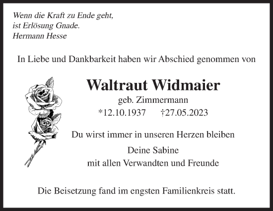 Traueranzeige von Waltraut Widmaier von Leonberger Kreiszeitung / Strohgäu Extra