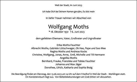Traueranzeige von Wolfgang Moths von Leonberger Kreiszeitung / Strohgäu Extra