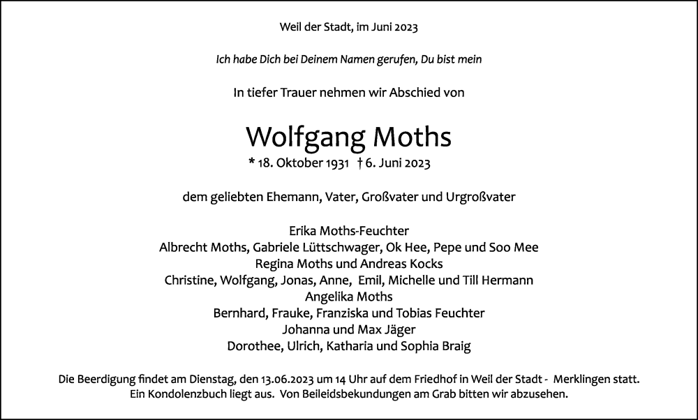  Traueranzeige für Wolfgang Moths vom 12.06.2023 aus Leonberger Kreiszeitung / Strohgäu Extra