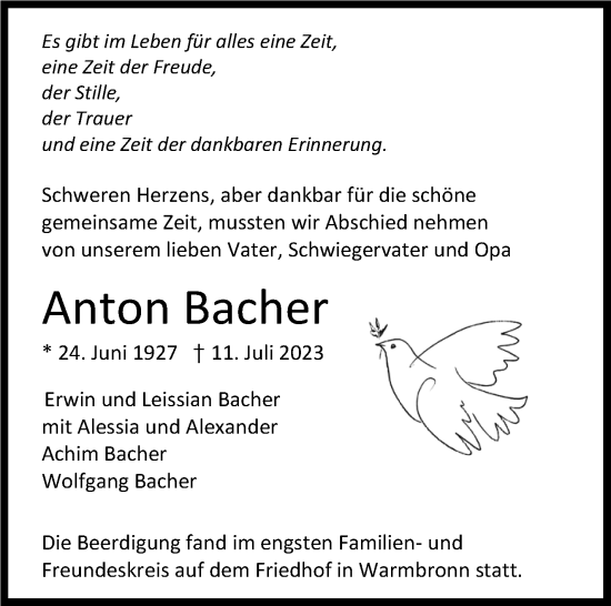 Traueranzeige von Anton Bacher von Leonberger Kreiszeitung / Strohgäu Extra