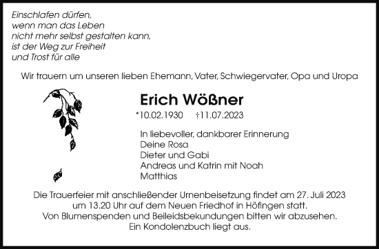 Traueranzeige von Erich Wößner von Leonberger Kreiszeitung / Strohgäu Extra