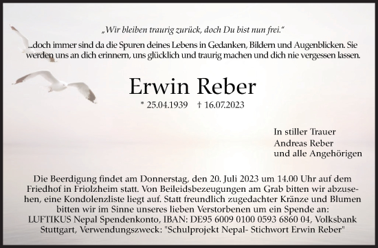 Traueranzeige von Erwin Reber von Leonberger Kreiszeitung / Strohgäu Extra
