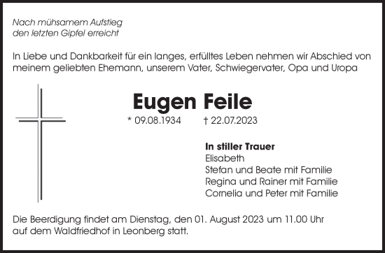 Traueranzeige von Eugen Feile von Leonberger Kreiszeitung / Strohgäu Extra