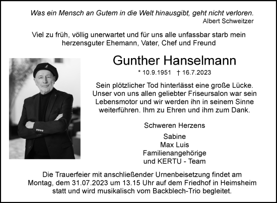 Traueranzeige von Gunther Hanselmann von Leonberger Kreiszeitung / Strohgäu Extra