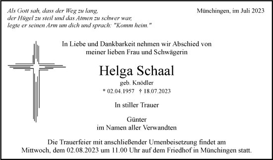 Traueranzeige von Helga Schaal von Leonberger Kreiszeitung / Strohgäu Extra