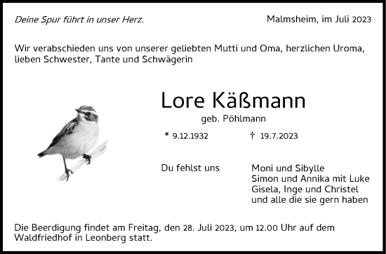 Traueranzeige von Lore Käßmann von Leonberger Kreiszeitung / Strohgäu Extra