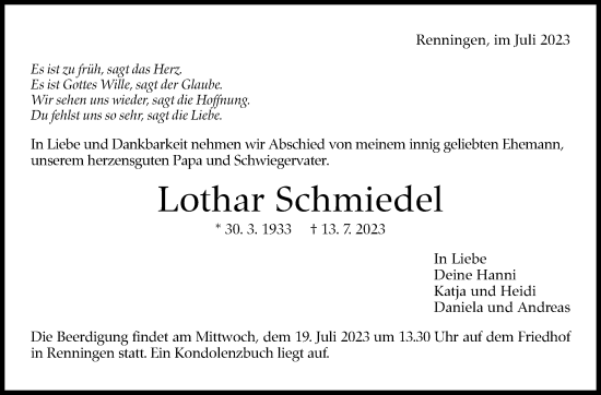 Traueranzeige von Lothar Schmiedel von Leonberger Kreiszeitung / Strohgäu Extra