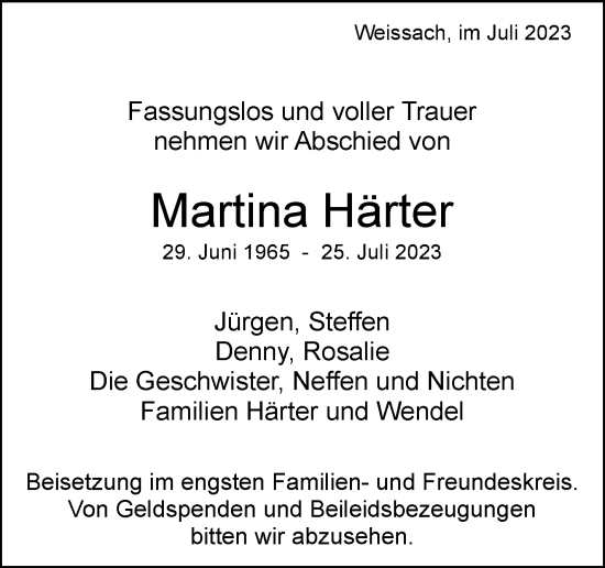 Traueranzeige von Martina Härter von Leonberger Kreiszeitung / Strohgäu Extra