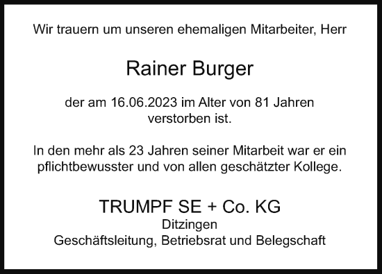 Traueranzeige von Rainer Burger von Leonberger Kreiszeitung / Strohgäu Extra