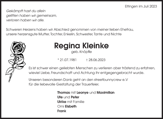 Traueranzeige von Regina Kleinke von Leonberger Kreiszeitung / Strohgäu Extra