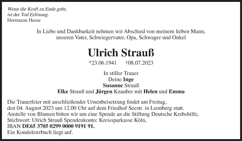  Traueranzeige für Ulrich Strauß vom 22.07.2023 aus Leonberger Kreiszeitung / Strohgäu Extra