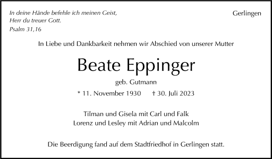 Traueranzeige von Beate Eppinger von Leonberger Kreiszeitung / Strohgäu Extra