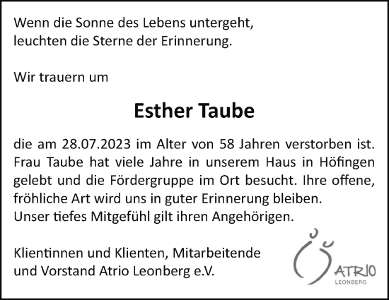 Traueranzeige von Esther Taube von Leonberger Kreiszeitung / Strohgäu Extra