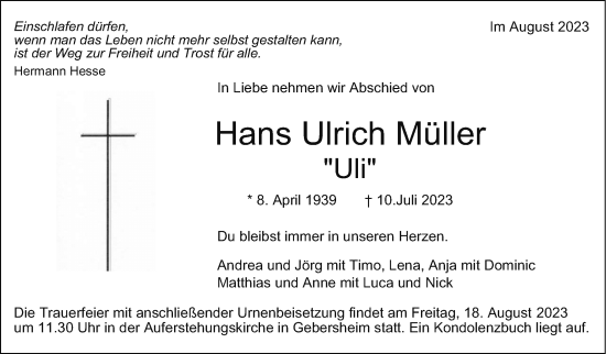 Traueranzeige von Hans Ulrich Müller von Leonberger Kreiszeitung / Strohgäu Extra