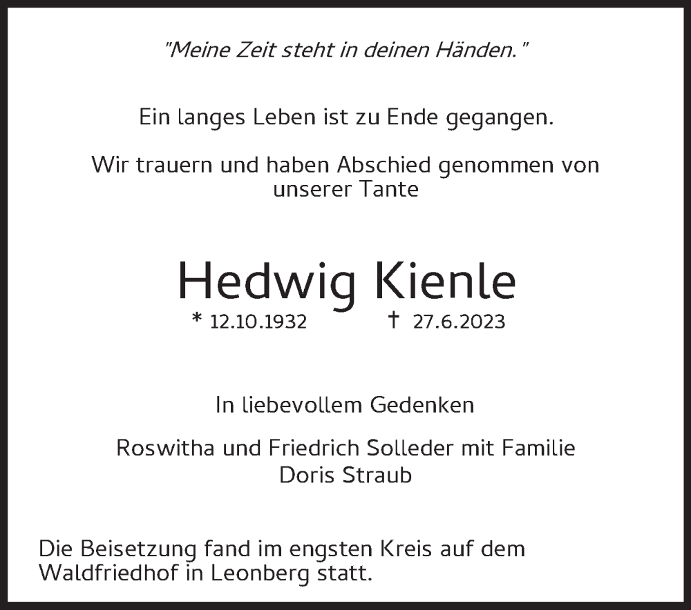  Traueranzeige für Hedwig Kienle vom 05.08.2023 aus Leonberger Kreiszeitung / Strohgäu Extra