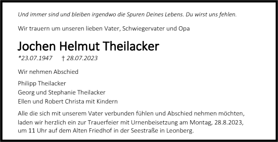 Traueranzeige von Jochen Theilacker von Leonberger Kreiszeitung / Strohgäu Extra