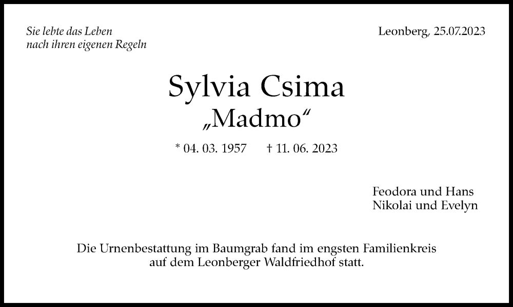  Traueranzeige für Sylvia Csima vom 01.08.2023 aus Leonberger Kreiszeitung / Strohgäu Extra