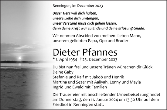 Traueranzeige von Dieter Pfannes von Leonberger Kreiszeitung / Strohgäu Extra