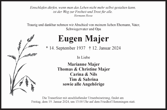 Traueranzeige von Eugen Majer von Leonberger Kreiszeitung / Strohgäu Extra