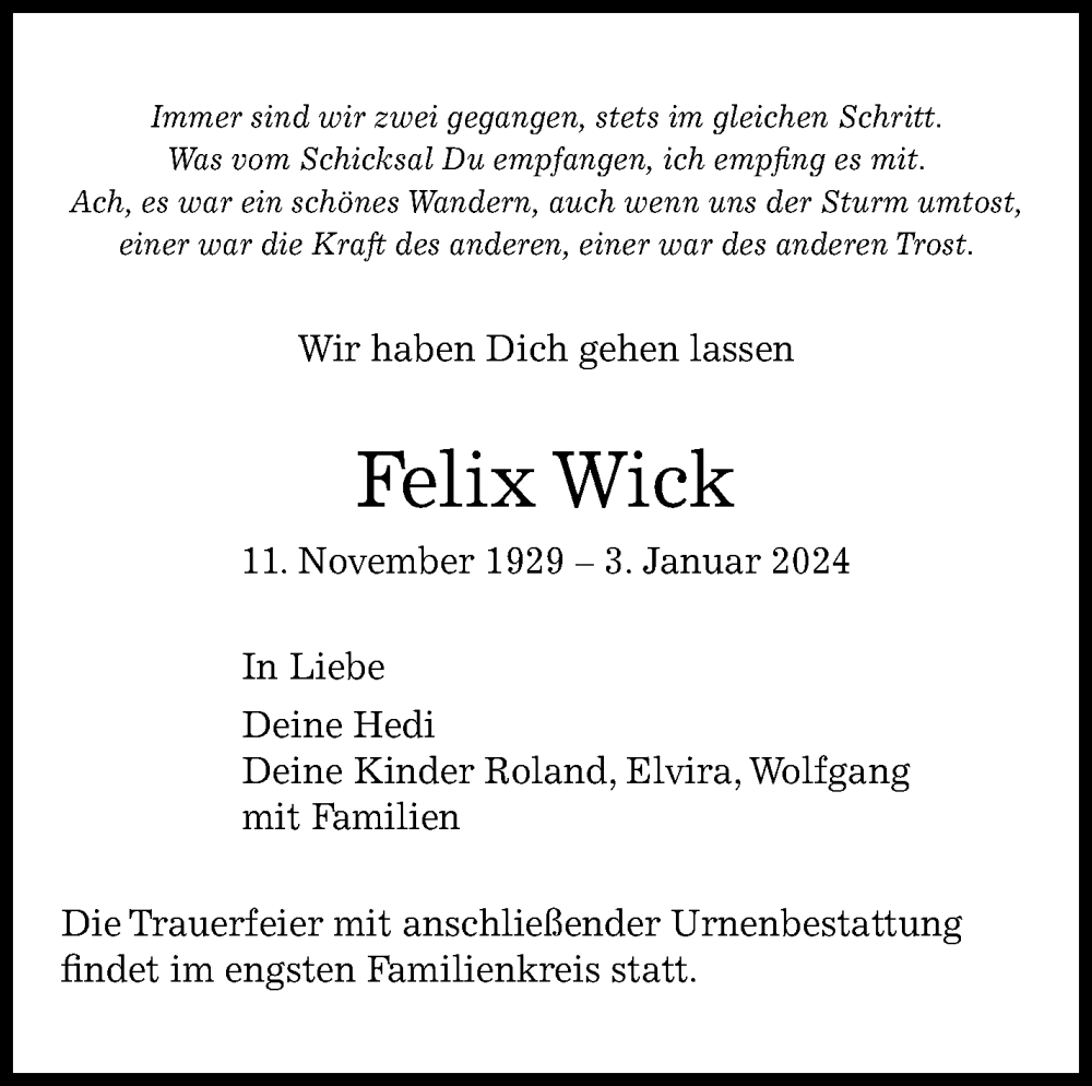  Traueranzeige für Felix Wick vom 18.01.2024 aus Leonberger Kreiszeitung / Strohgäu Extra