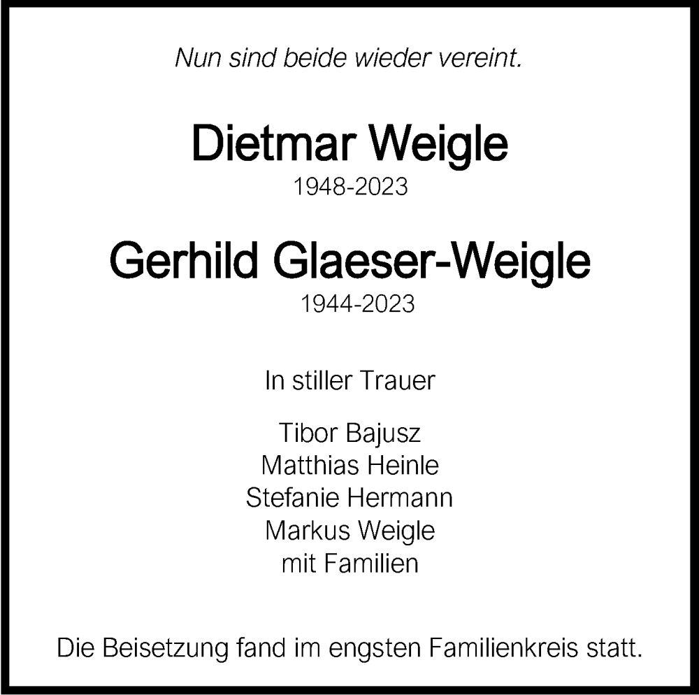  Traueranzeige für Gerhild Glaeser-Weigle und Dietmar Weigle vom 29.01.2024 aus Leonberger Kreiszeitung / Strohgäu Extra