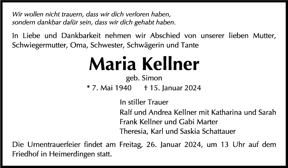  Traueranzeige für Maria Kellner vom 19.01.2024 aus Leonberger Kreiszeitung / Strohgäu Extra
