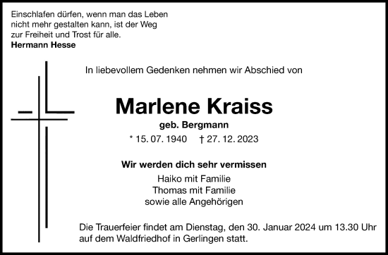 Traueranzeige von Marlene Kraiss von Leonberger Kreiszeitung / Strohgäu Extra