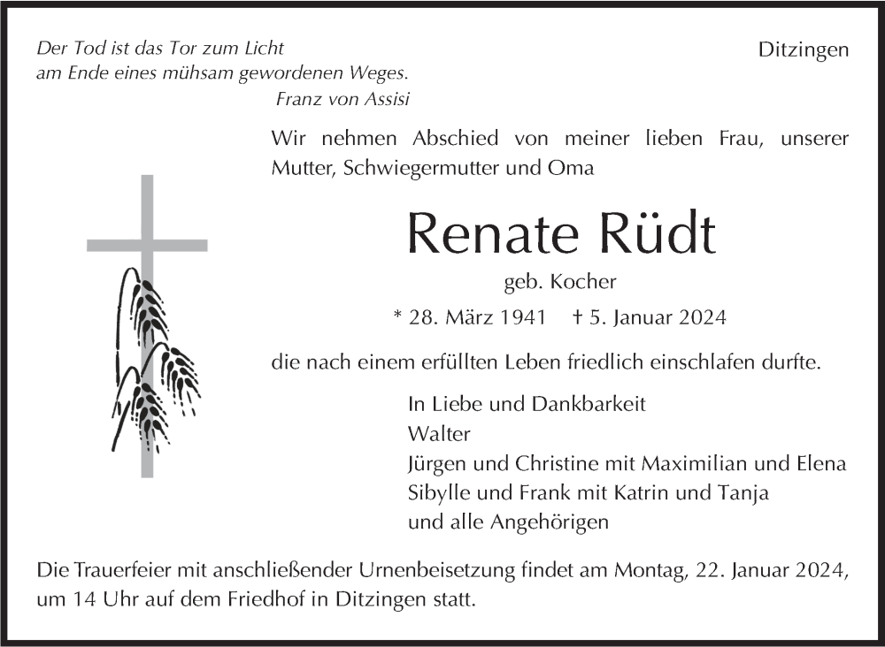  Traueranzeige für Renate Rüdt vom 11.01.2024 aus Leonberger Kreiszeitung / Strohgäu Extra