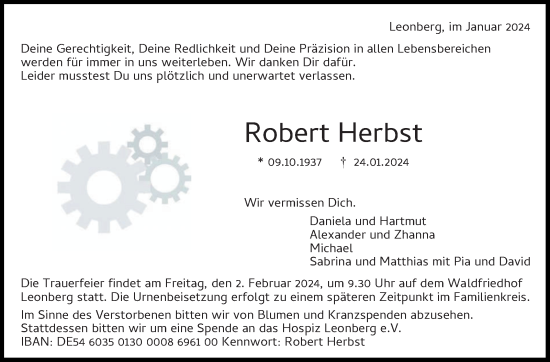 Traueranzeige von Robert Herbst von Leonberger Kreiszeitung / Strohgäu Extra