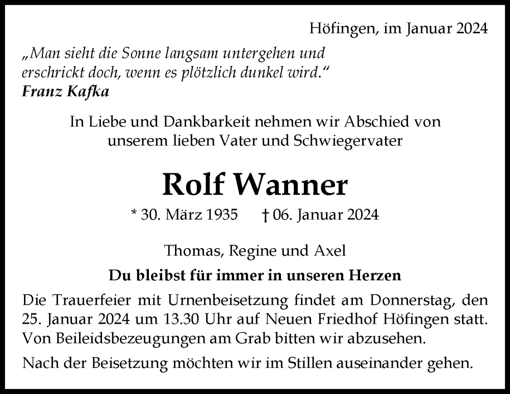  Traueranzeige für Rolf Wanner vom 19.01.2024 aus Leonberger Kreiszeitung / Strohgäu Extra